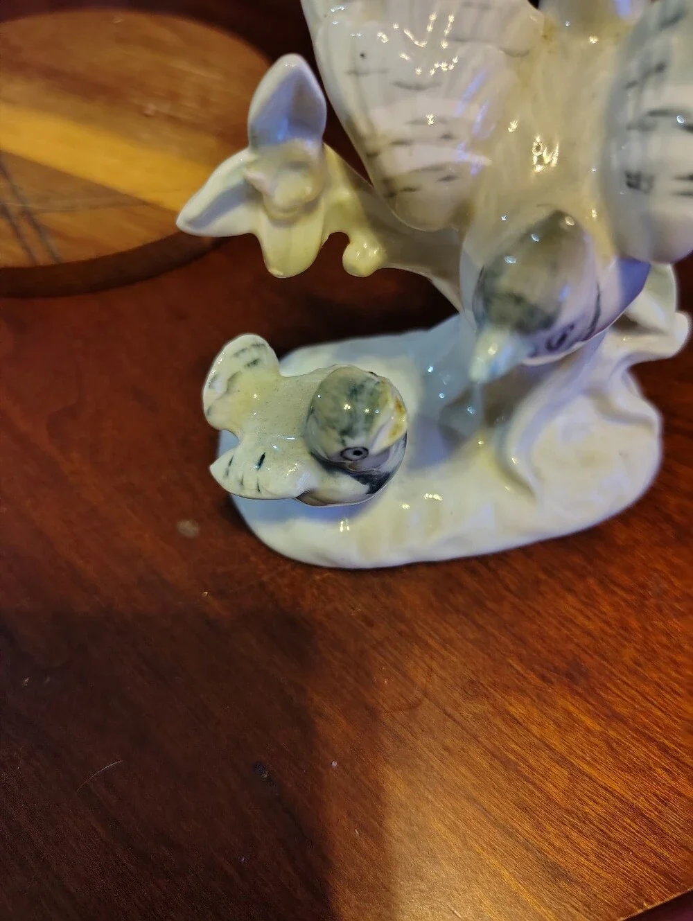 Vintage Japan Blue Jay And Baby Ceramic Bird Figurine in Pale Green -